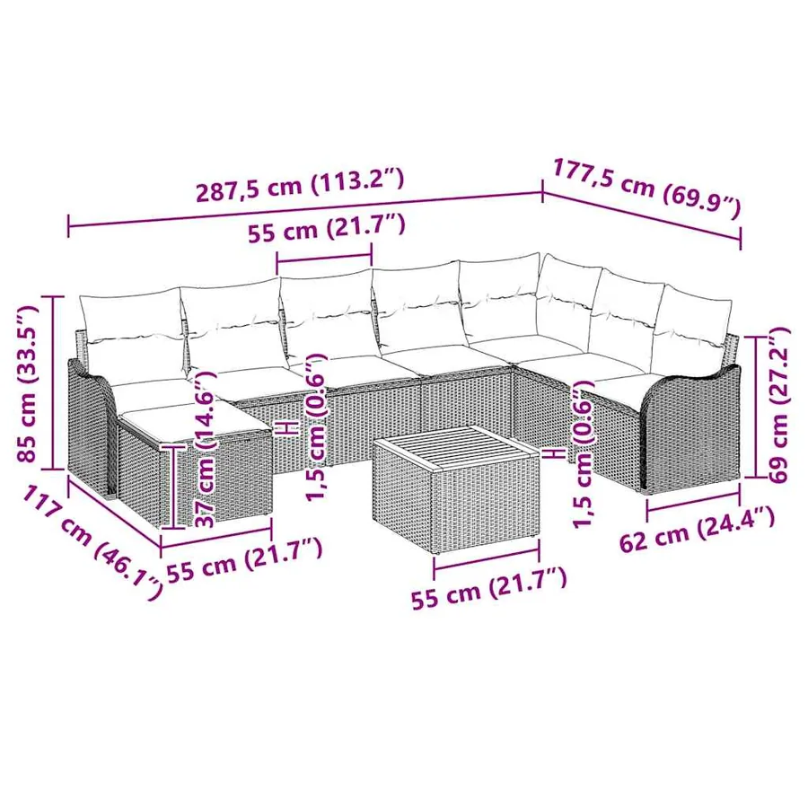 Ensemble de canapé de jardin 9 pcs Beige et crème polyrotin - 15