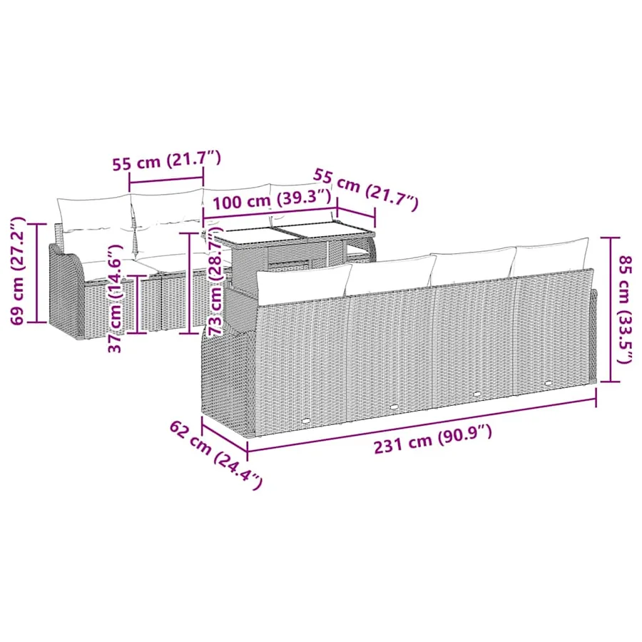 Ensemble de canapé de jardin 9 pcs Beige Poly Rattan - 12