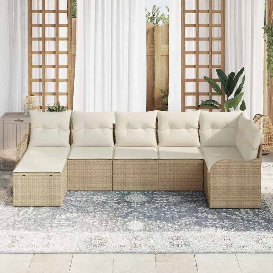 Ensemble de canapé de jardin 7 pcs Beige et blanc Poly rotin - 3
