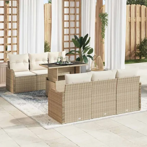 Ensemble de canapé de jardin 7 pcs Beige Poly Rattan