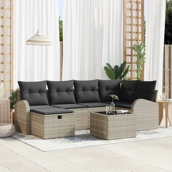Ensemble de Canapés avec coussin 7 pcs Gris clair polyrotin