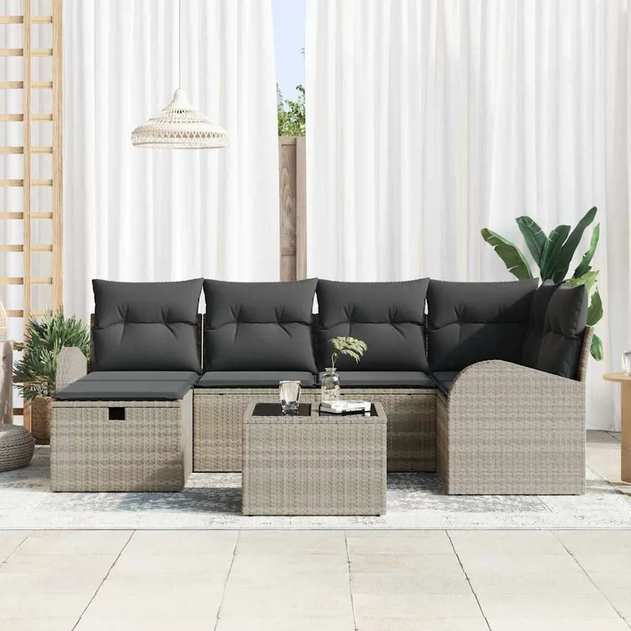 Ensemble de Canapés avec coussin 7 pcs Gris clair polyrotin - 3