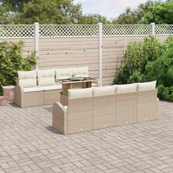 Ensemble de canapé de jardin 9 pcs Beige Poly Rattan