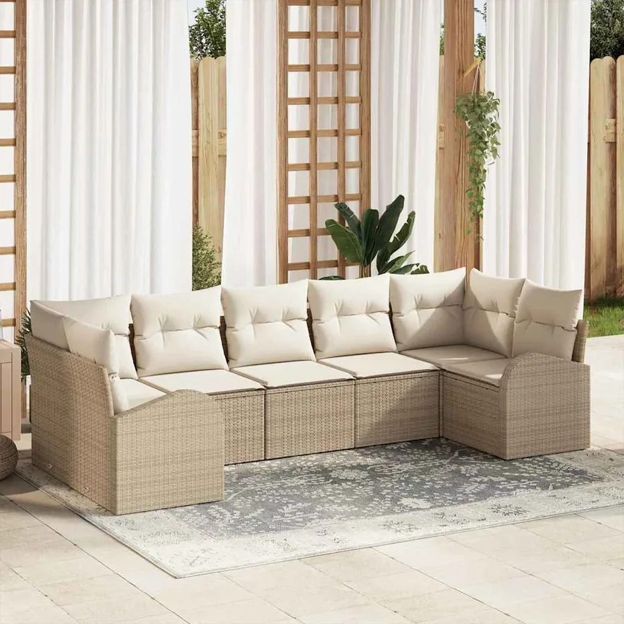 Ensemble de canapé de jardin 7 pcs Beige et blanc polyrotin
