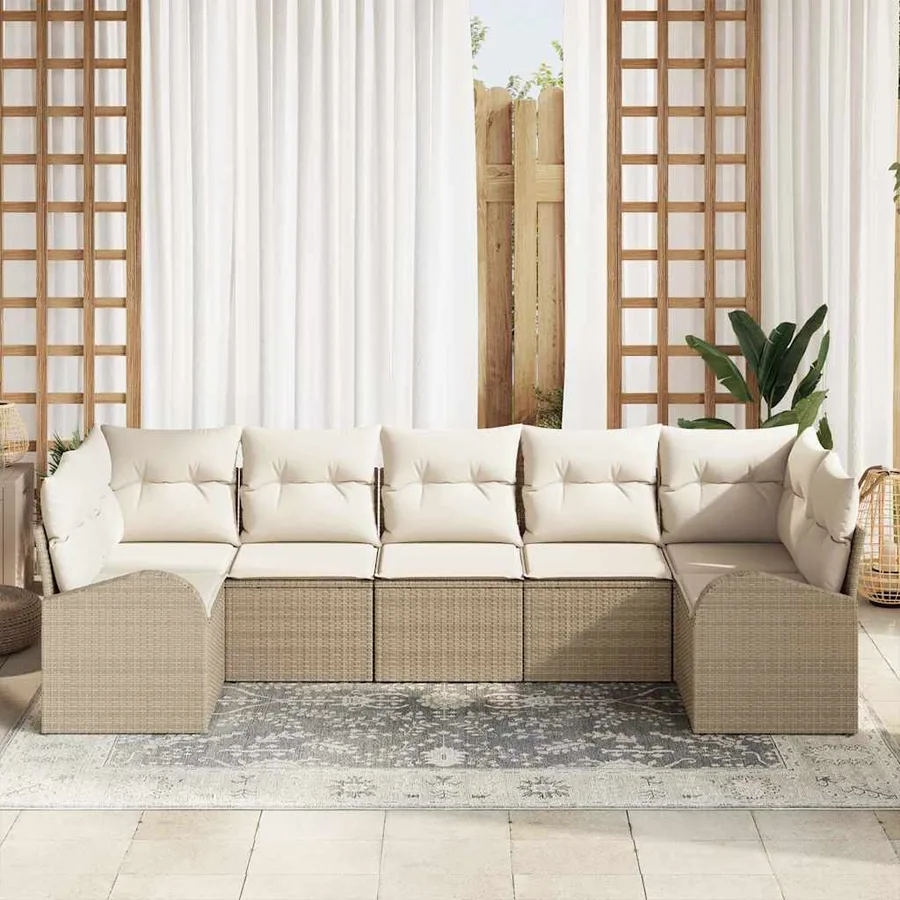 Ensemble de canapé de jardin 7 pcs Beige et blanc polyrotin - 3