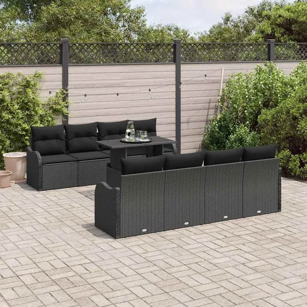 Ensemble de canapé de jardin 9 pcs Noir Poly Rattan