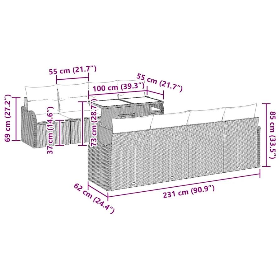 Ensemble de canapé de jardin 9 pcs Noir Poly Rattan - 13