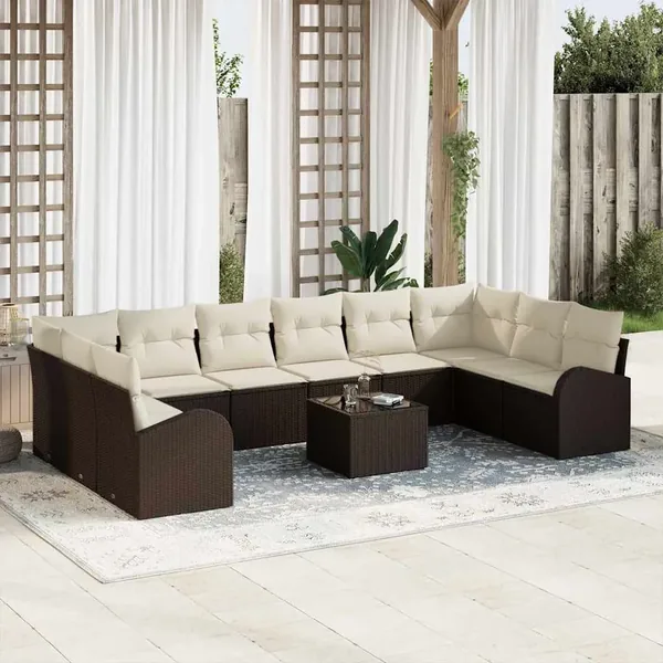 Ensemble de canapé de jardin 11 pcs Marron et Crème polyrotin