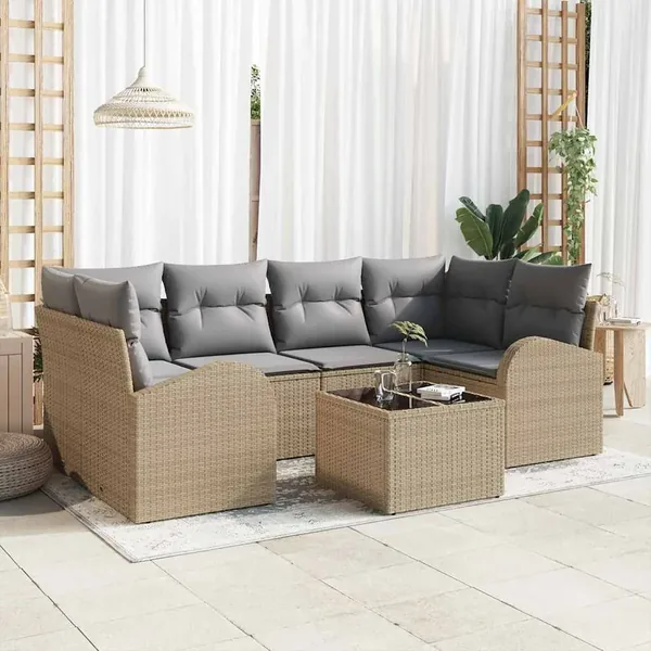 Ensemble de canapé de jardin 7 pcs Beige et gris polyrotin