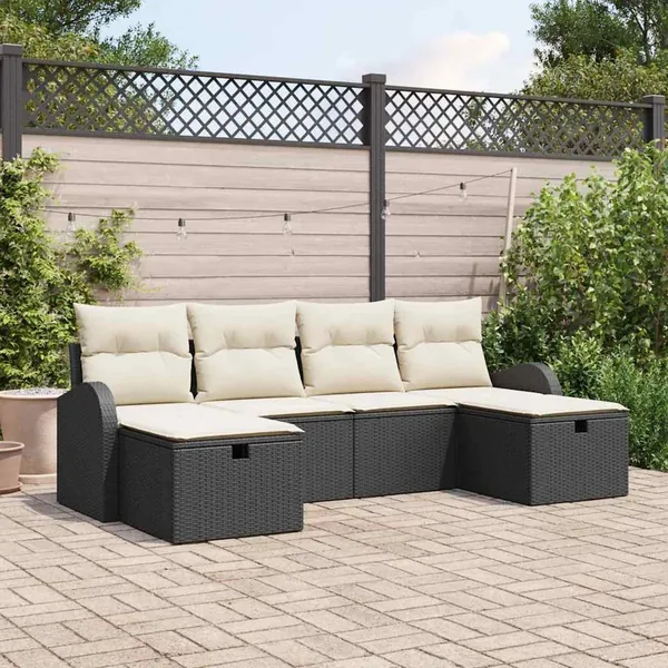 Ensemble de Canapés avec coussin 6 pcs Noir et Crème polyrotin