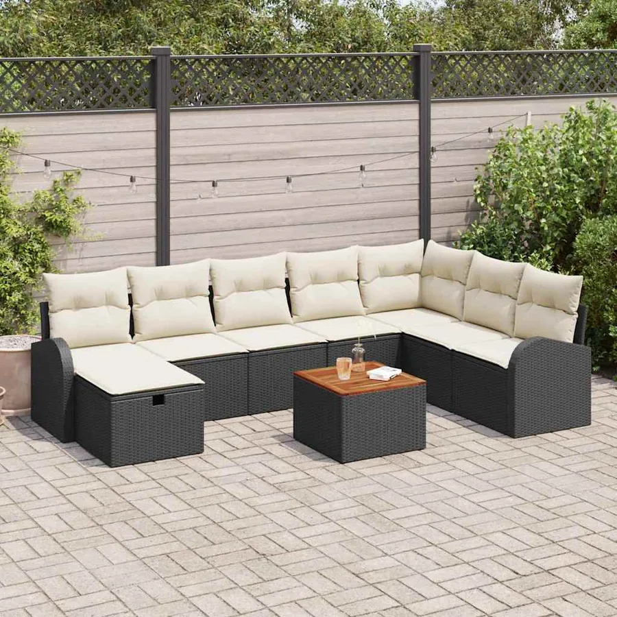 Ensemble de canapé de jardin avec coussin 9 pcs Noir polyrotin