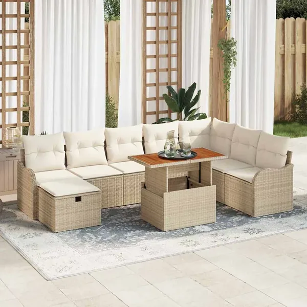 Ensemble de canapé de jardin avec coussin 9 pcs Beige polyrotin