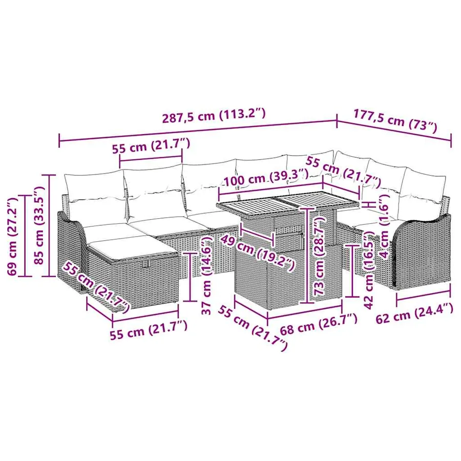 Ensemble de canapé de jardin avec coussin 9 pcs Beige polyrotin - 13