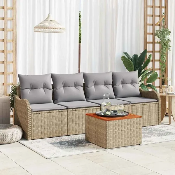 Ensemble de canapé de jardin avec coussin 5 pcs Beige polyrotin