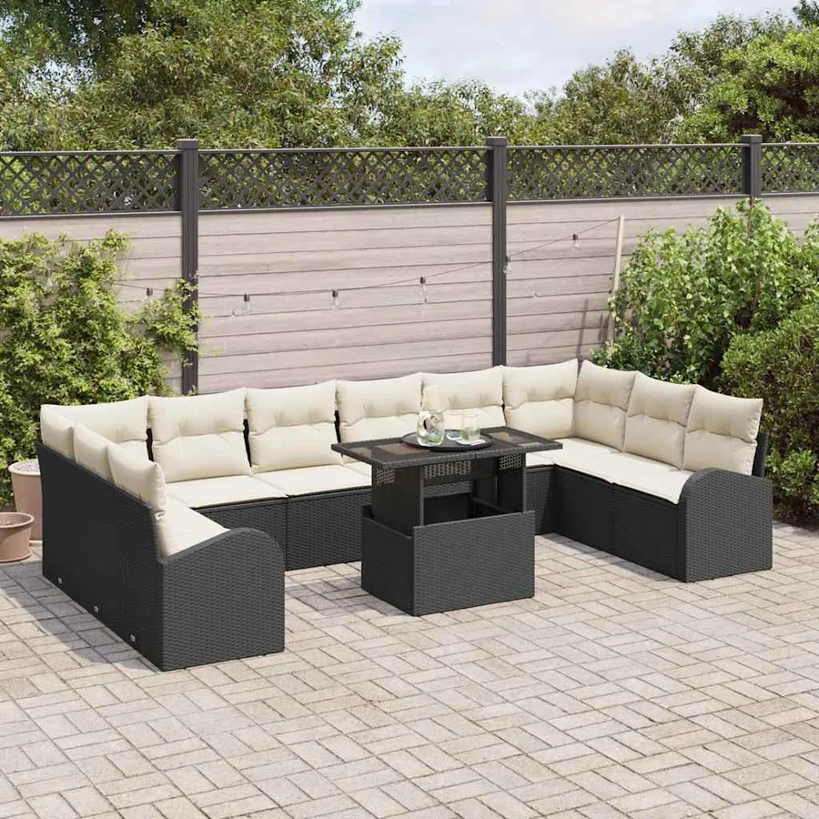 Ensemble de canapé de jardin 11 pcs Noir et crème polyrotin - 3