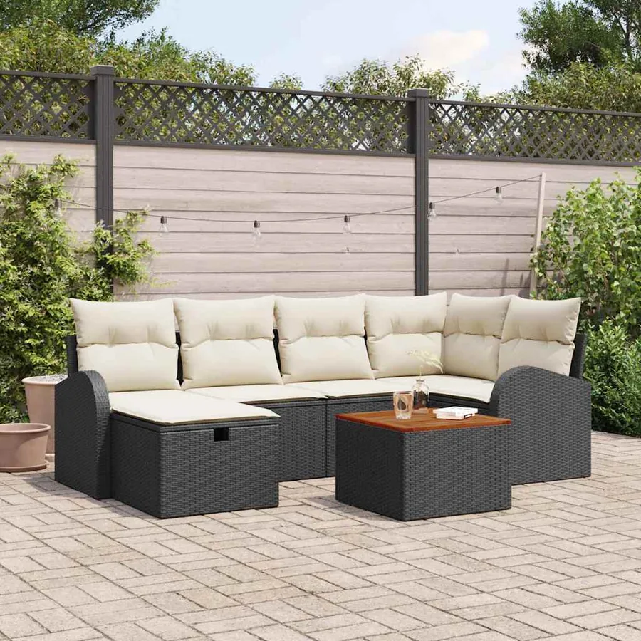 Ensemble de canapé de jardin avec coussin 7 pcs Noir polyrotin