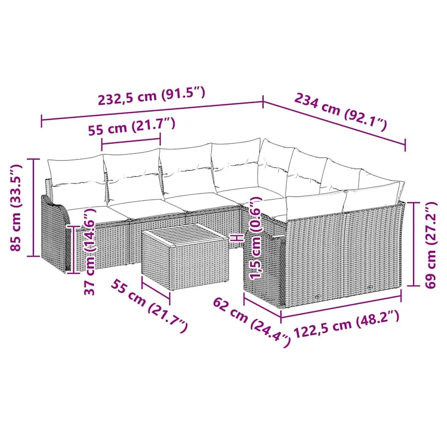 Ensemble de canapé de jardin avec coussin 9 pcs Beige polyrotin - 9