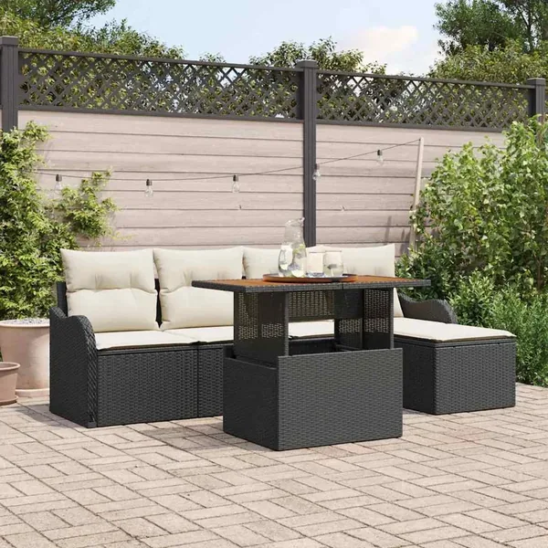 Ensemble de canapé de jardin 6 pcs Noir et Crème polyrotin