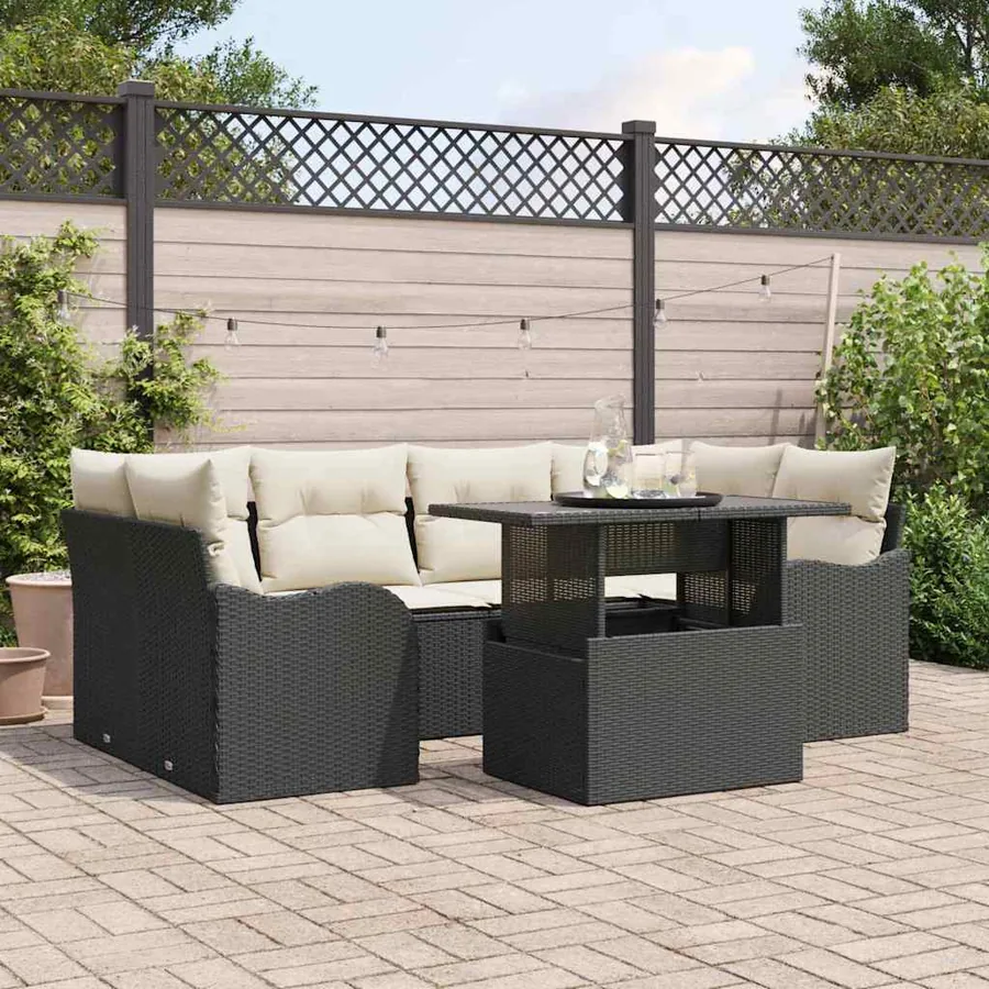 Ensemble de canapé de jardin avec coussin 7 pcs Noir Poly rotin
