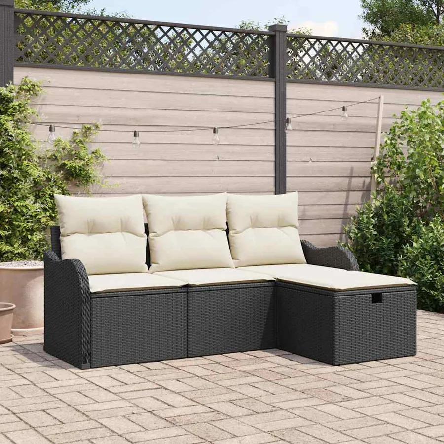 Ensemble de canapé de jardin 4 pcs Noir et Crème polyrotin
