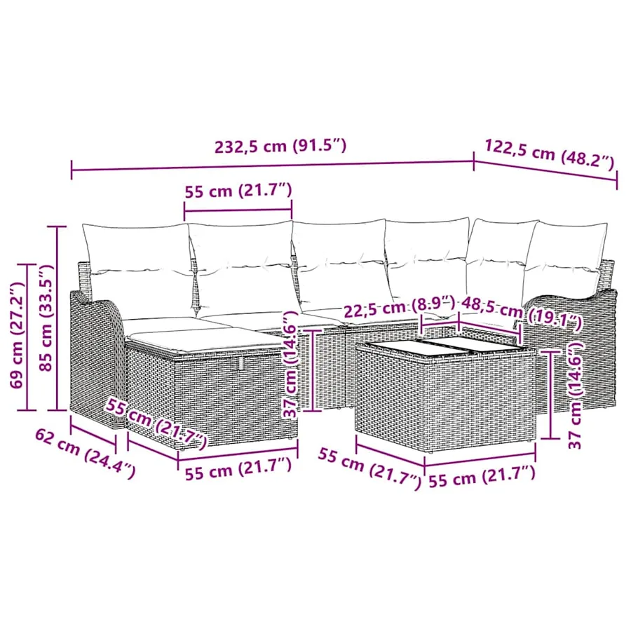 Ensemble de canapé de jardin 7 pcs Noir et crème Poly rotin - 11