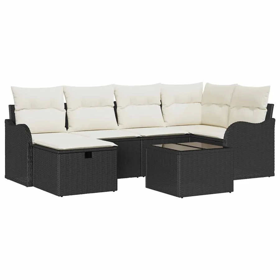 Ensemble de canapé de jardin 7 pcs Noir et crème Poly rotin - 2
