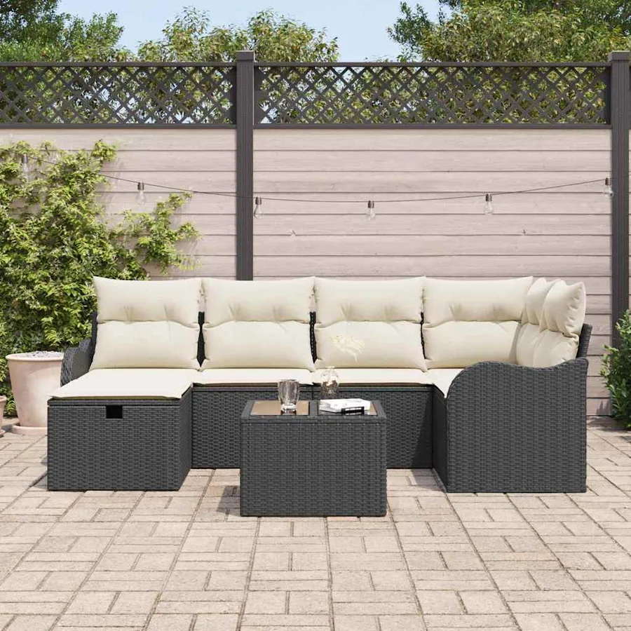 Ensemble de canapé de jardin 7 pcs Noir et crème Poly rotin - 3