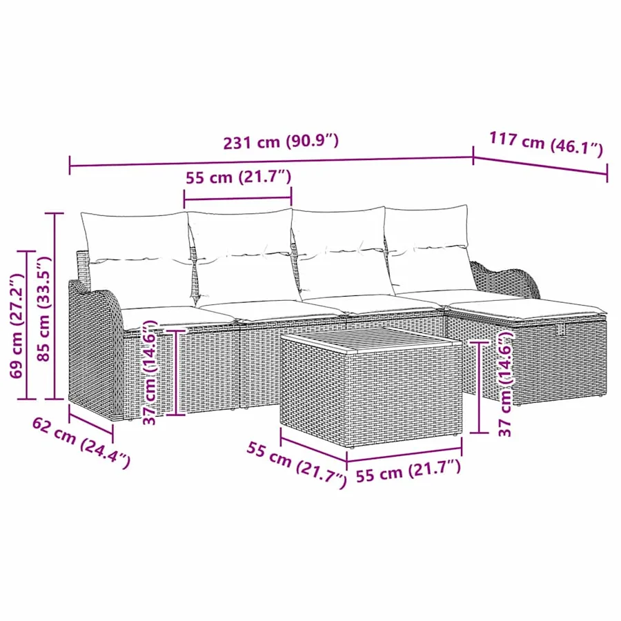 Ensemble de canapé de jardin avec coussin 6 pcs Noir Poly rotin - 13
