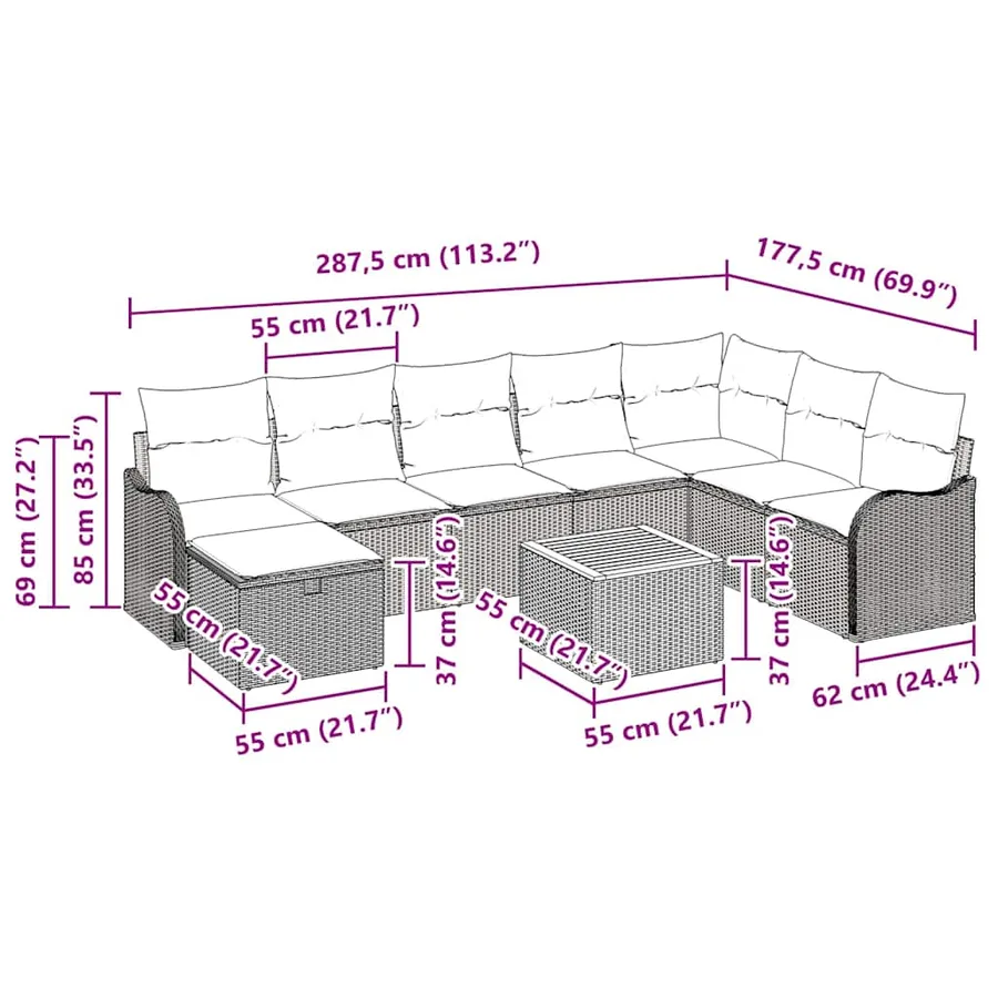 Ensemble de canapé de jardin avec coussin 9 pcs Noir Poly rotin - 15