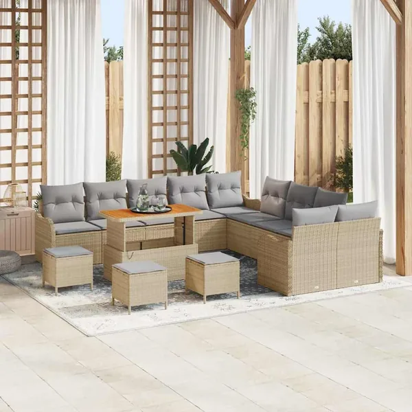 Ensemble de canapé de jardin 14 pcs Beige polyrotin