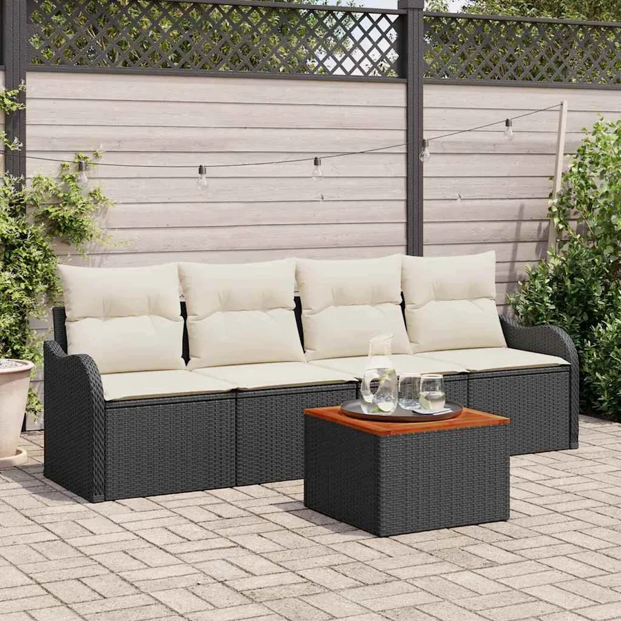 Ensemble de canapé de jardin 5 pcs Noir et Crème polyrotin