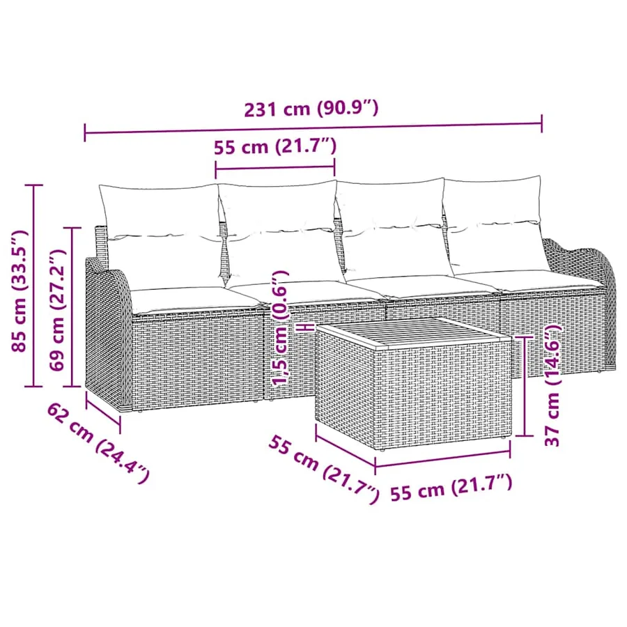 Ensemble de canapé de jardin 5 pcs Noir et Crème polyrotin - 11
