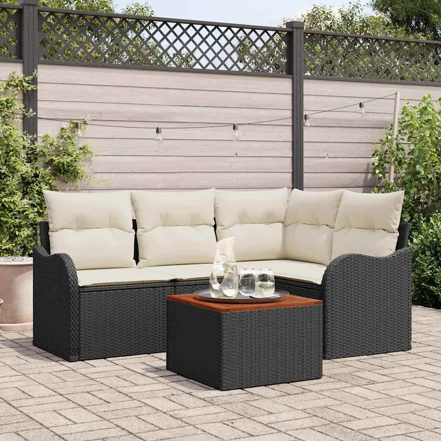 Ensemble de canapé de jardin 5 pcs Noir et Crème polyrotin