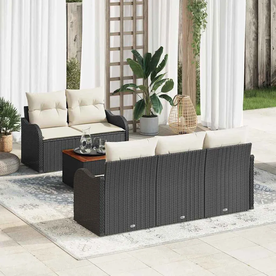 Ensemble de canapé de jardin 6 pcs Noir et Crème polyrotin
