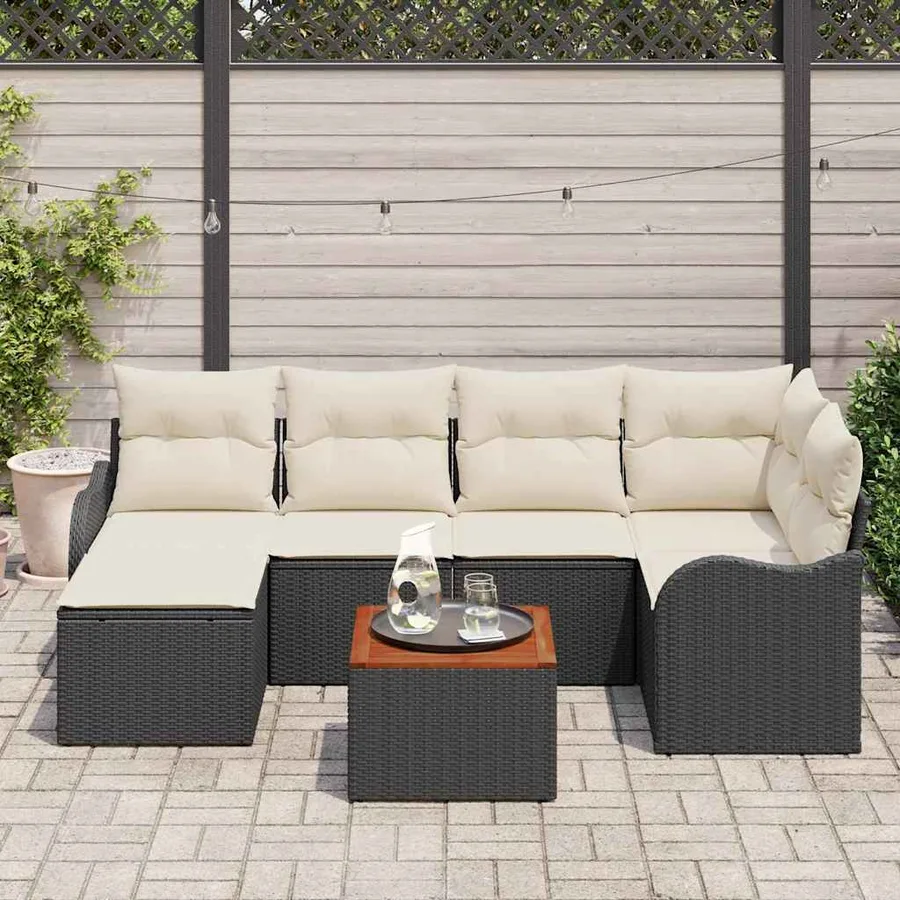 Ensemble de canapé de jardin 7 pcs Noir et Crème polyrotin - 3