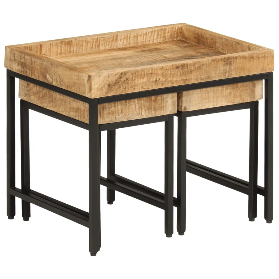 Tables basses gigognes 3pcs bois de manguier massif brut et fer - 2