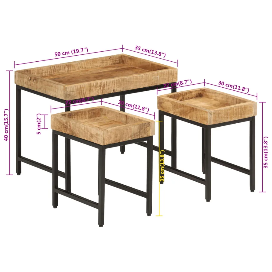 Tables basses gigognes 3pcs bois de manguier massif brut et fer - 8