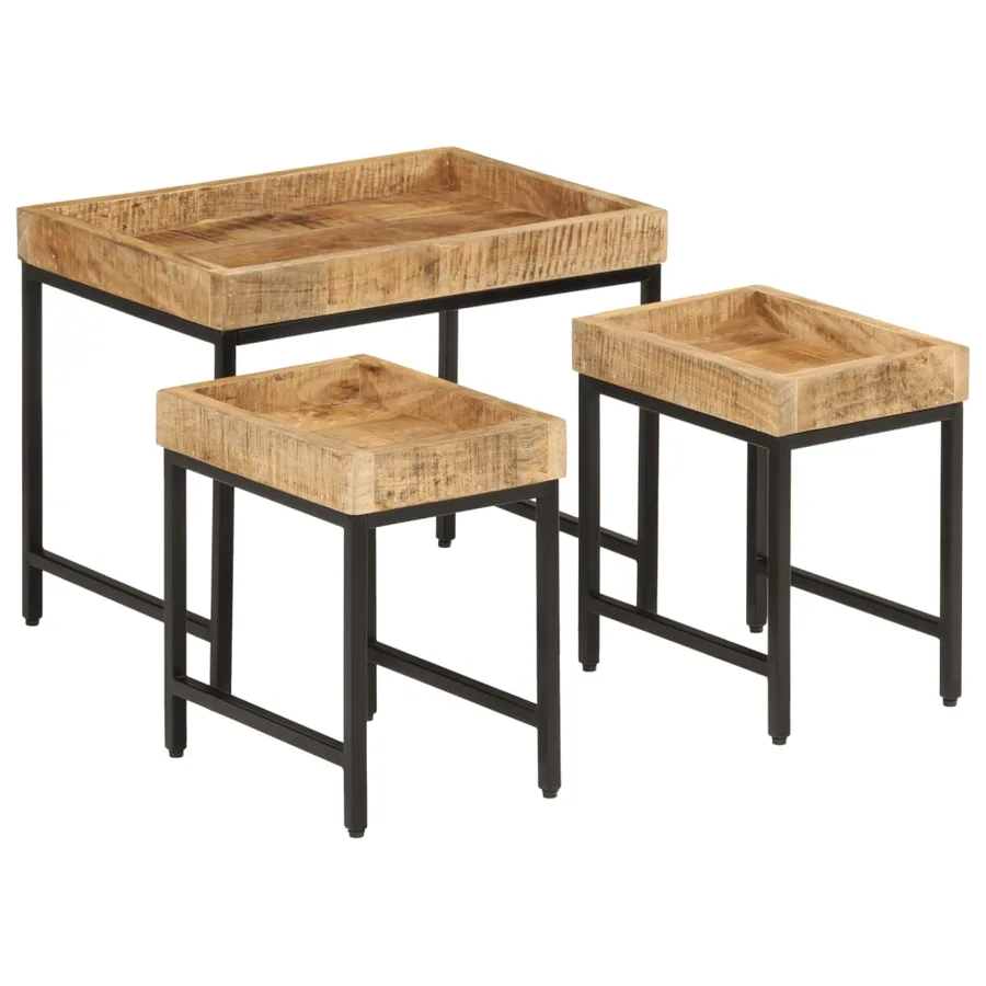 Tables basses gigognes 3pcs bois de manguier massif brut et fer - 9