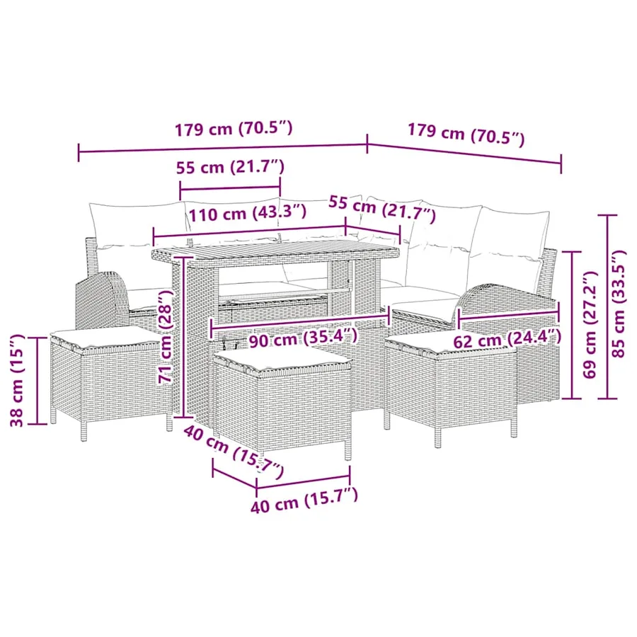 Ensemble de canapé de jardin avec coussin 9 pcs Gris - 18