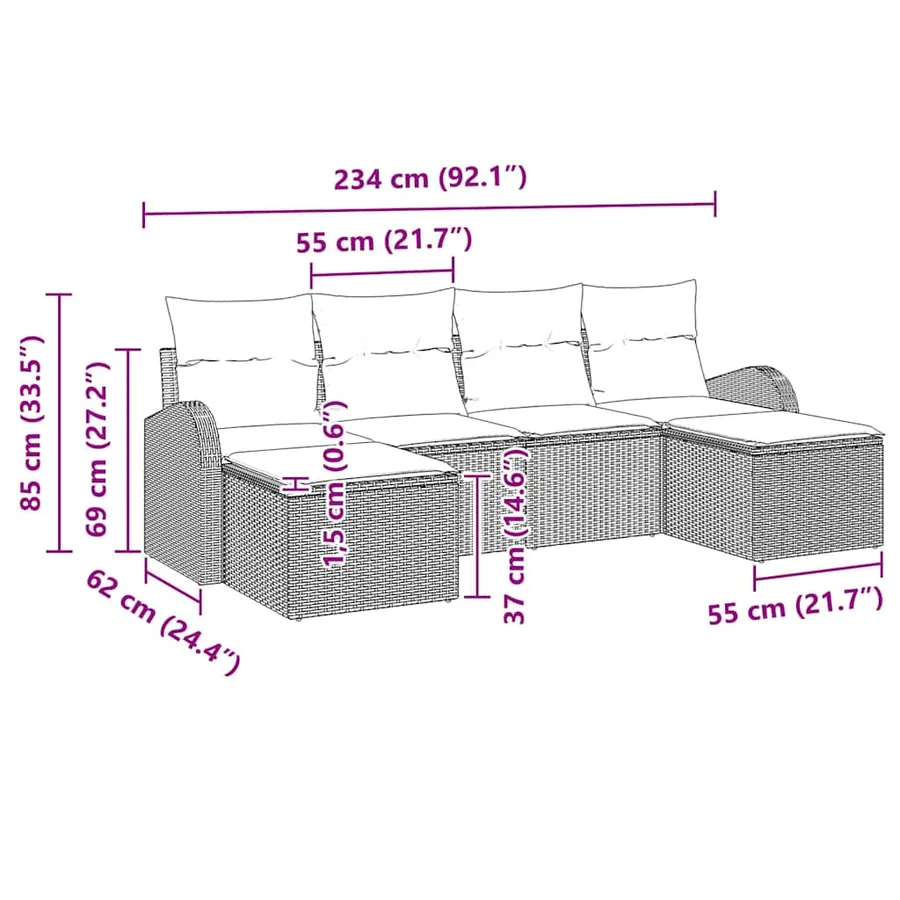 Ensemble de canapé de jardin 6 pcs Marron Poly Rattan - 11