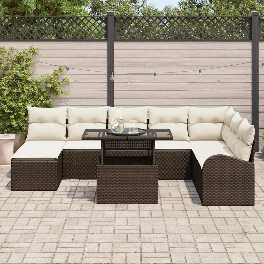 Ensemble de canapé de jardin avec coussin 9 pcs Marron et crème - 3