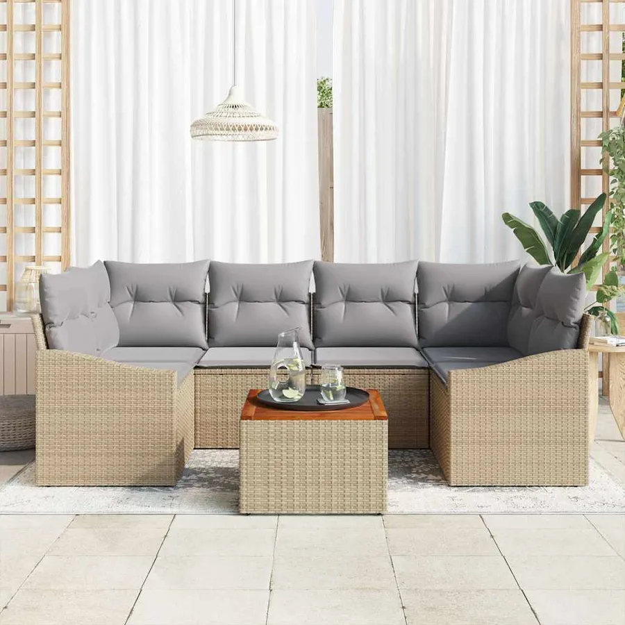 Ensemble de canapé de jardin avec coussin 7 pcs Beige polyrotin - 3