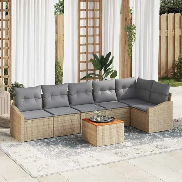 Ensemble de canapé de jardin avec coussin 7 pcs Beige polyrotin