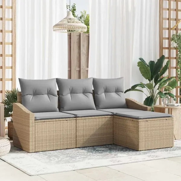 Ensemble de Canapés avec coussin 4 pcs Beige polyrotin