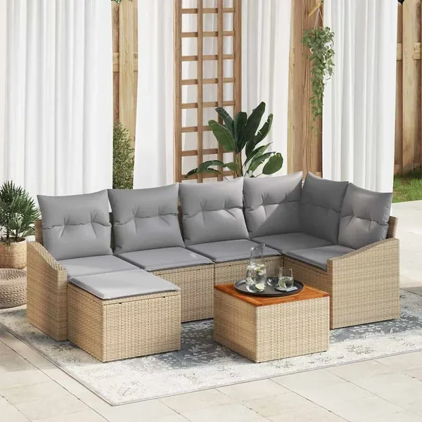 Ensemble de canapé de jardin avec coussin 7 pcs Beige polyrotin