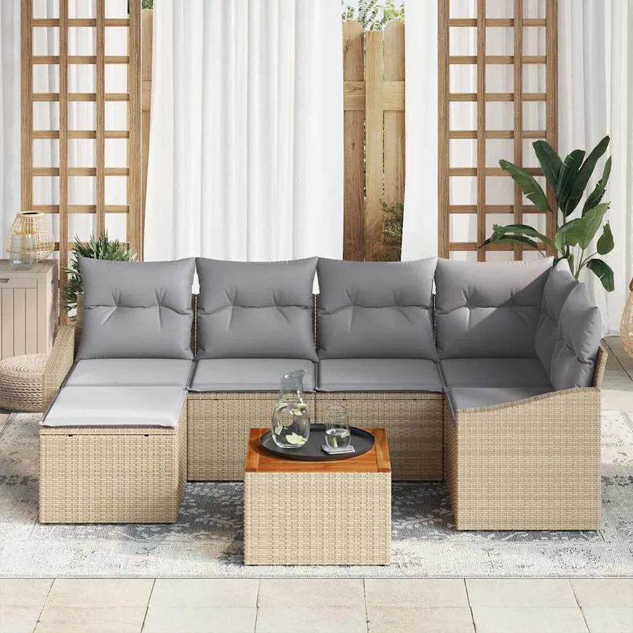 Ensemble de canapé de jardin avec coussin 7 pcs Beige polyrotin - 3