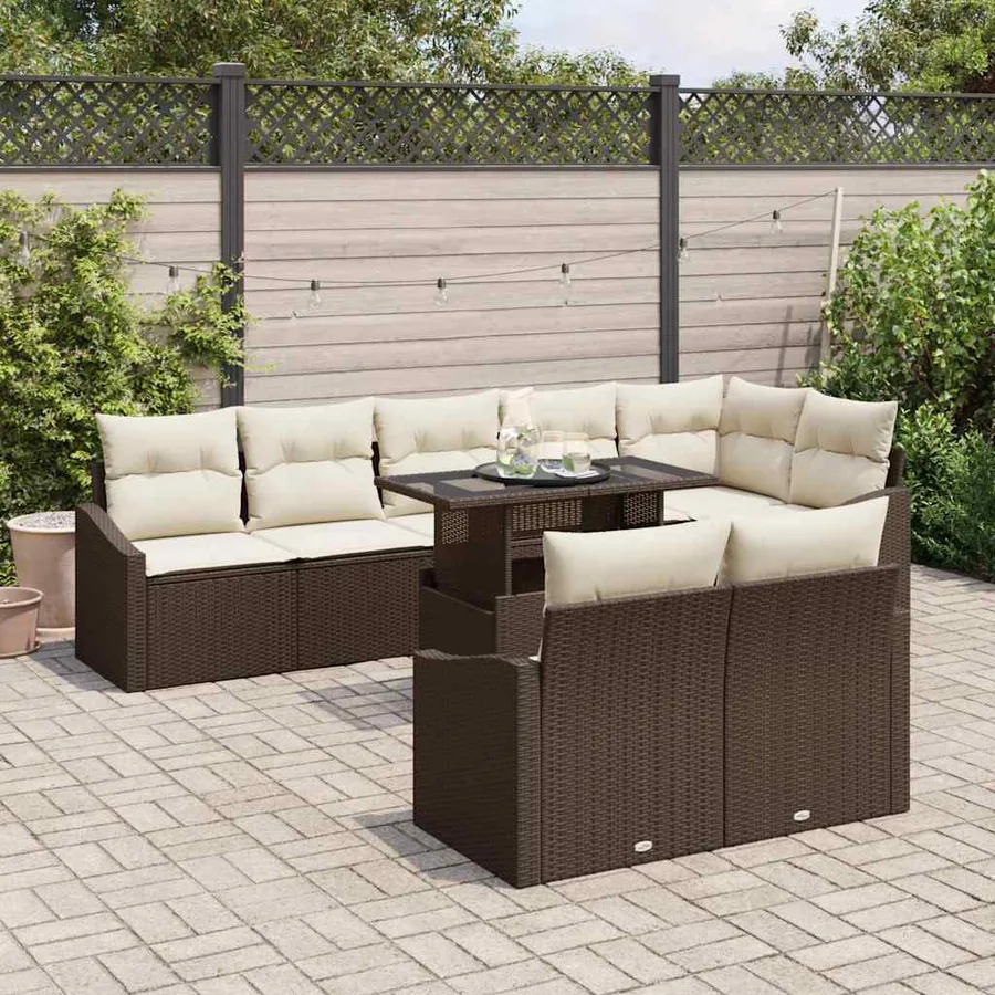 Ensemble de canapé de jardin avec coussin 9 pcs Marron et crème - 3