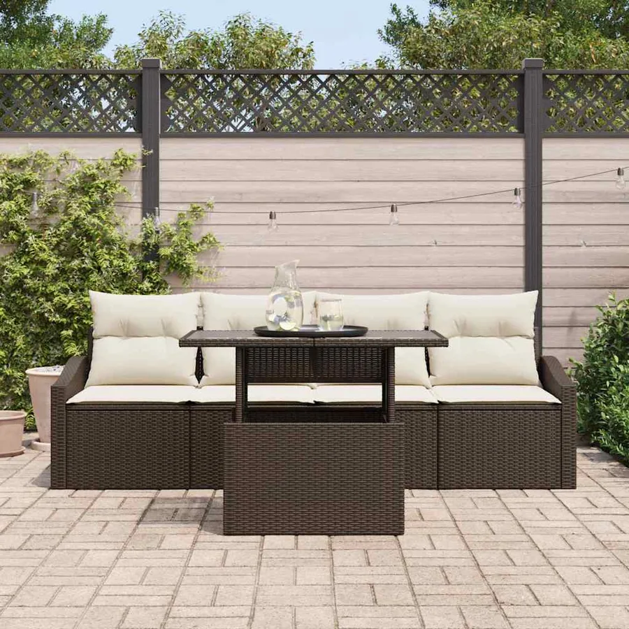 Ensemble de canapé de jardin 5 pcs Marron et Crème polyrotin - 3