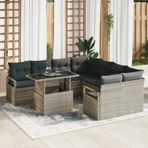 Ensemble de canapé de jardin 9 pcs Gris clair polyrotin