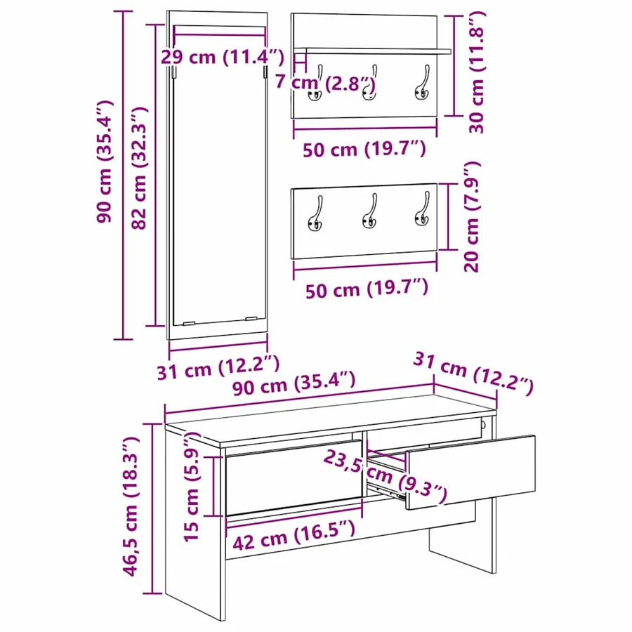 Ensemble de meubles d'entrée 4 pcs Chêne noir Bois d'ingénierie - 17